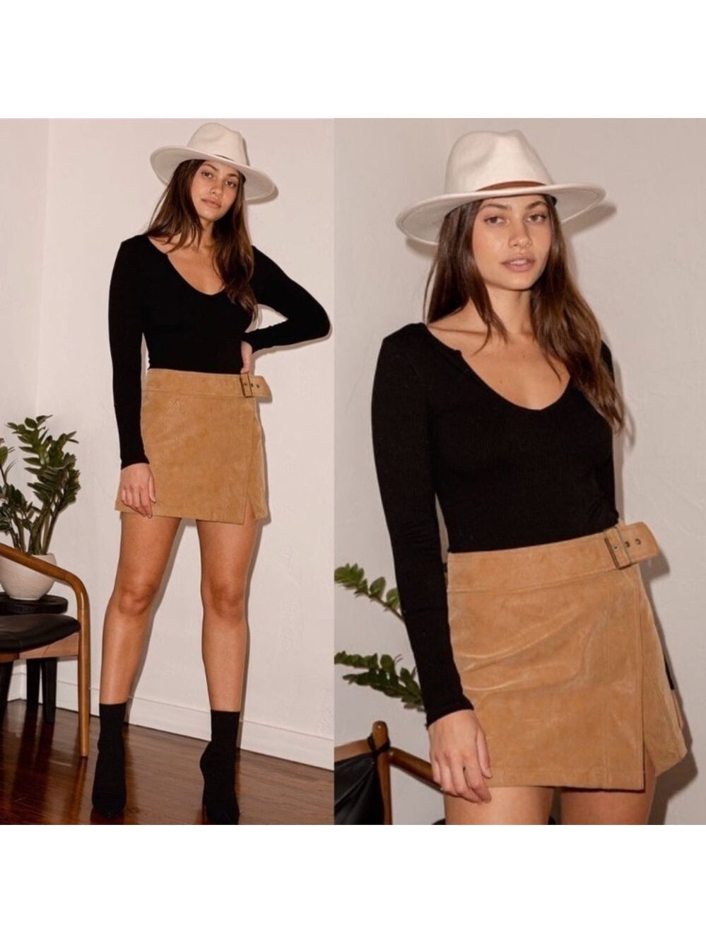 Free People Ari Camel Vegan Suede Buckled Wrap Mini Skirt
